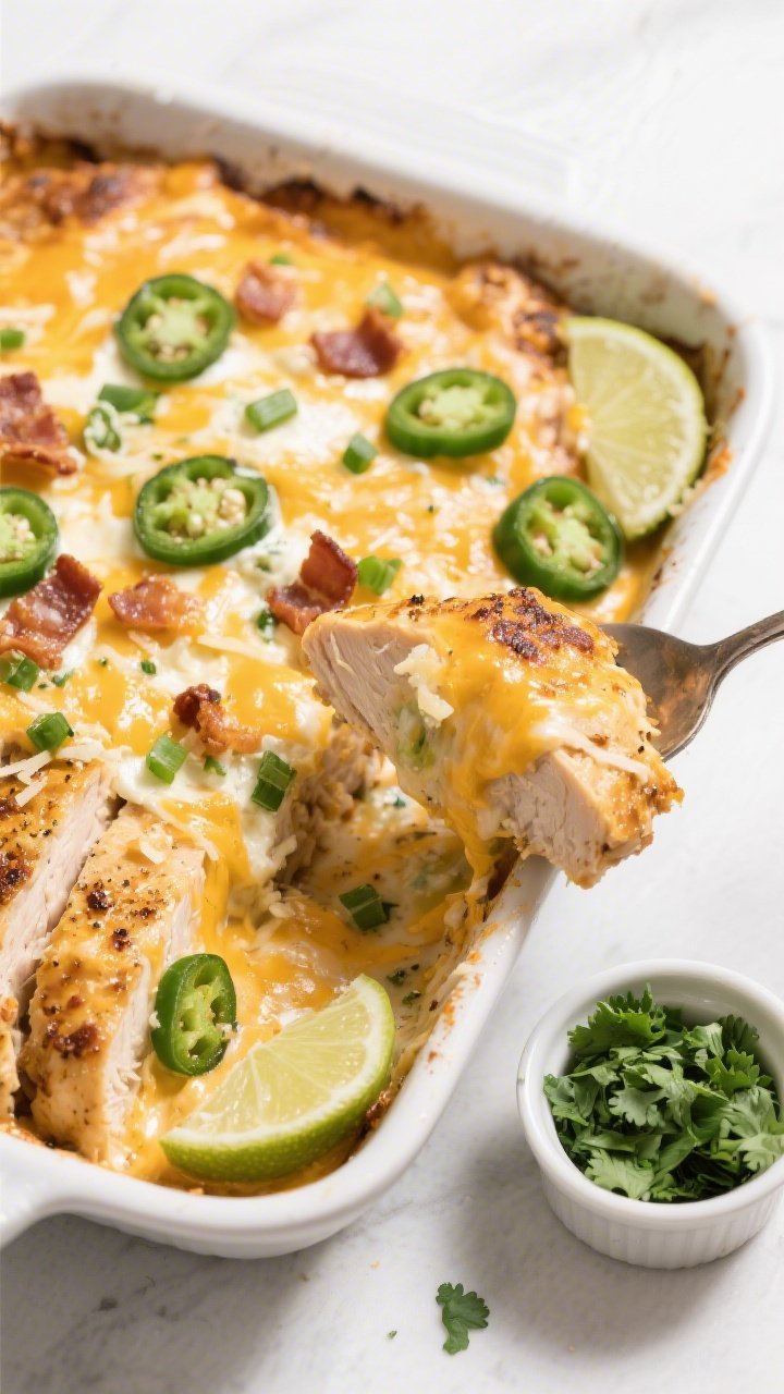 Tasty : Overhead shot of the sliced Cheesy Jalapeño Popper Chicken in the baking dish, showing cros