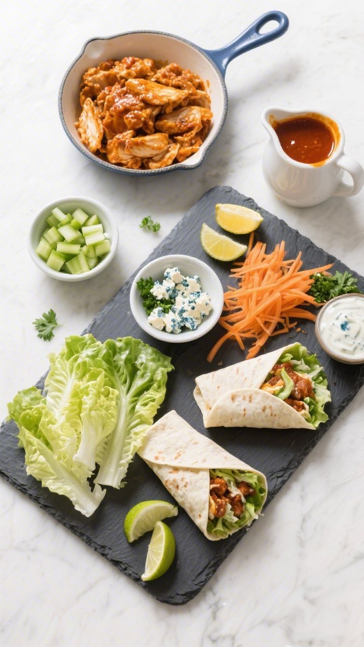 Tasty overhead spread for serving: Top-down shot of a build-your-own lettuce wrap board—warm buffa