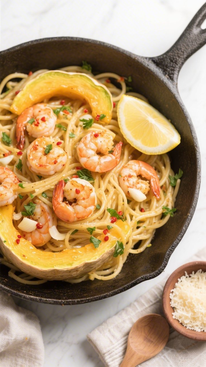 Tasty overhead view: Top-down shot of the finished shrimp scampi tossed with spaghetti squash in the