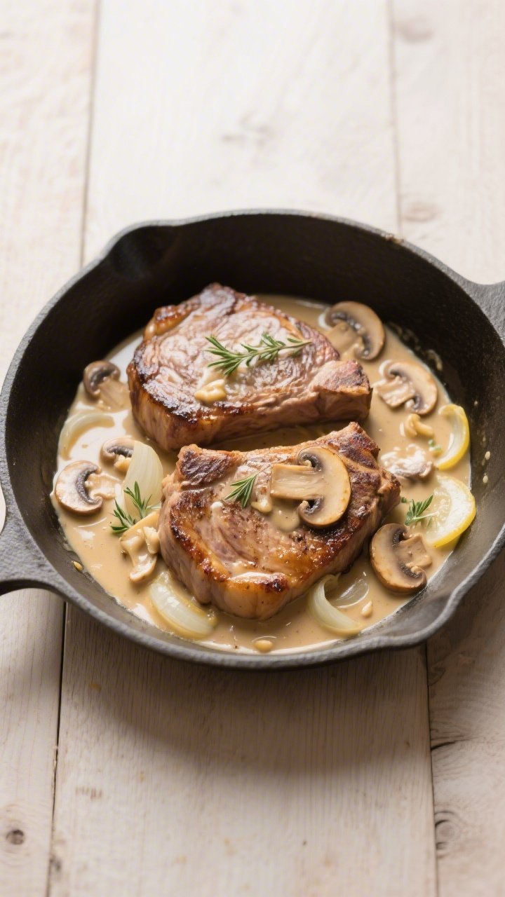 Tasty overhead view: Top-down shot of two pork chops in a wide skillet bathed in mushroom cream sauc