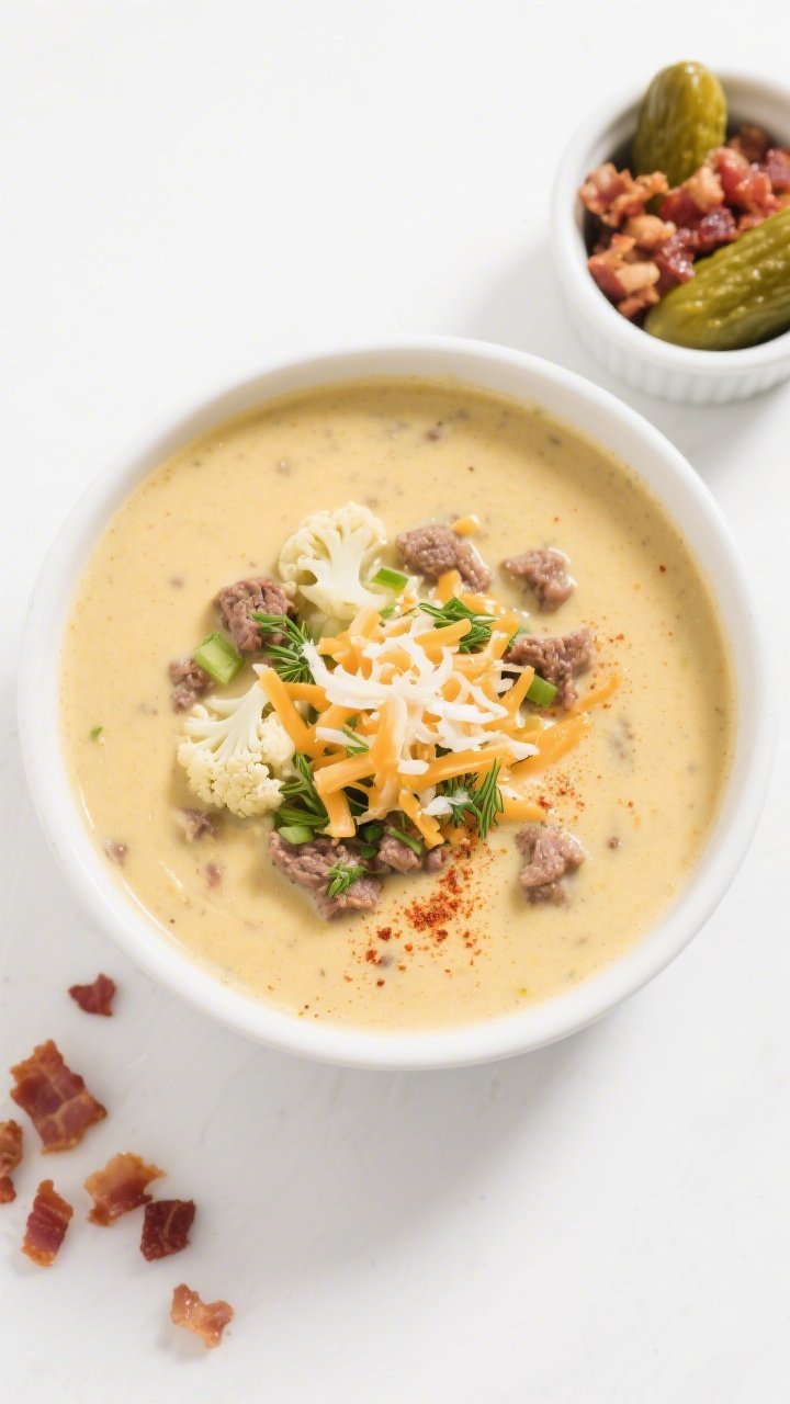 Tasty top-down hero shot: Overhead shot of Keto Cheeseburger Soup showing rich, pale-golden, cream-t