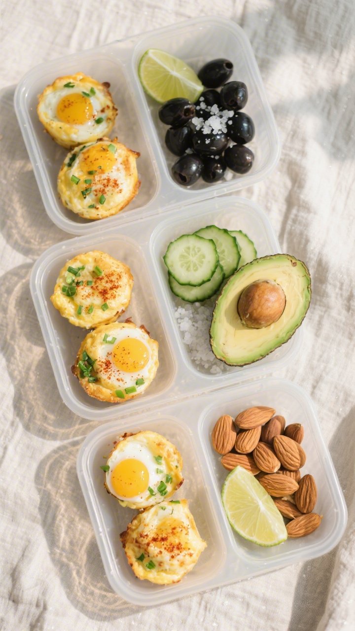 Tasty top-down meal prep scene: Overhead shot of assembled Keto Egg Muffin Breakfast Boxes in clear,