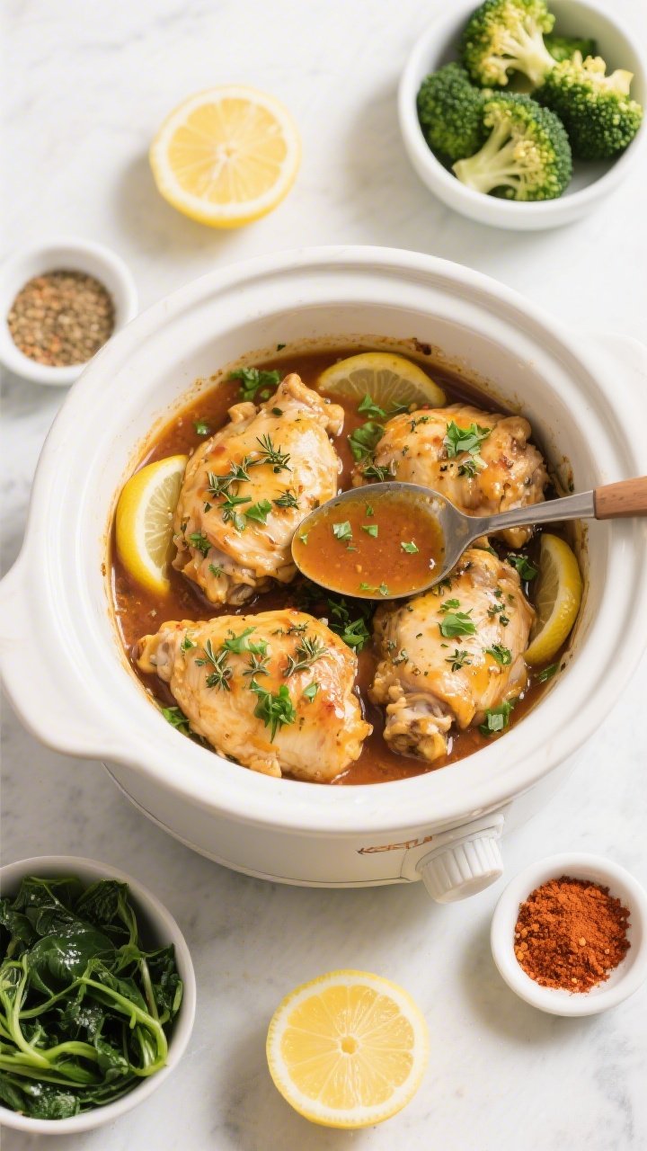 Tasty top-down meal prep/serving scene: Overhead shot of the finished zesty lemon chicken thighs in
