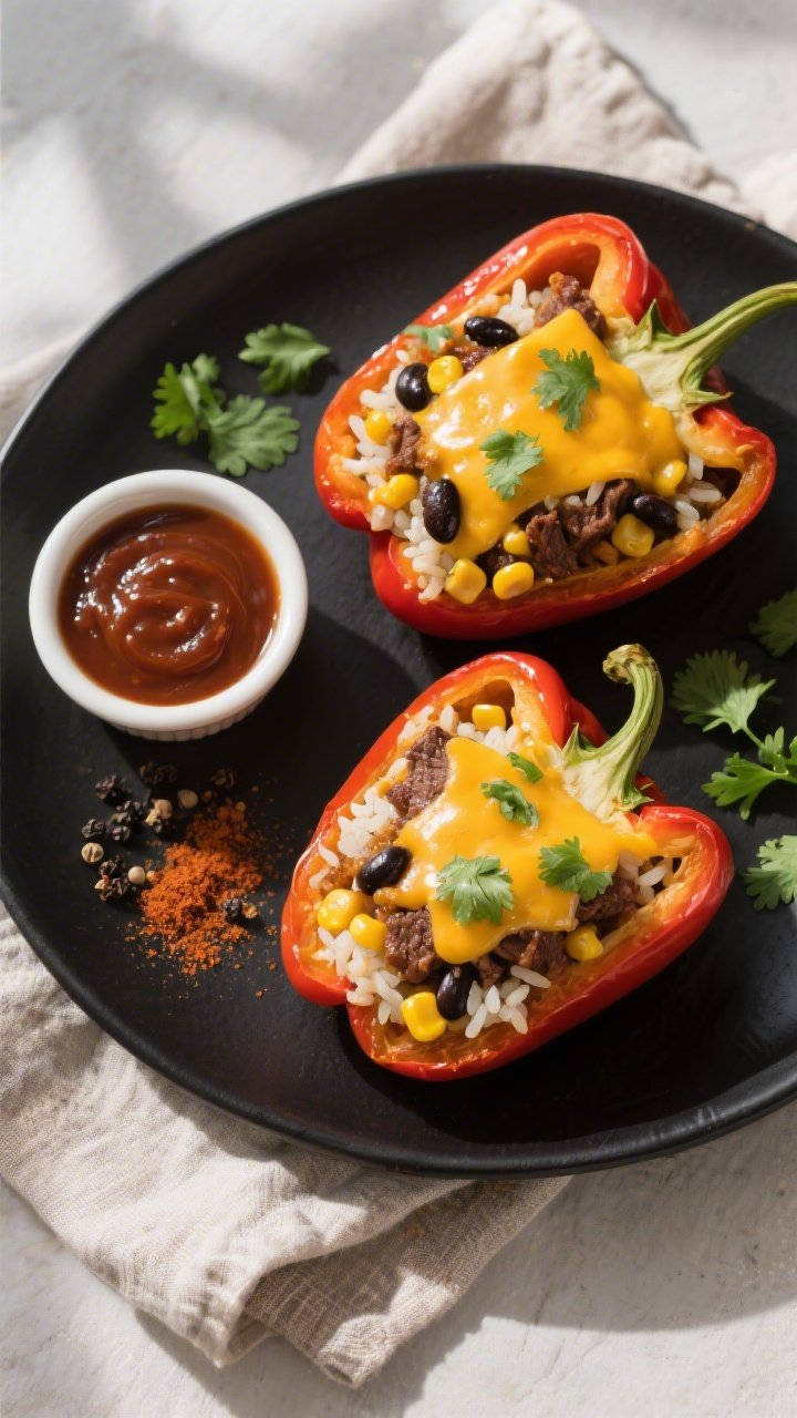 Tasty top-down serving scene: Overhead shot of two halved BBQ Beef Stuffed Peppers on a matte black