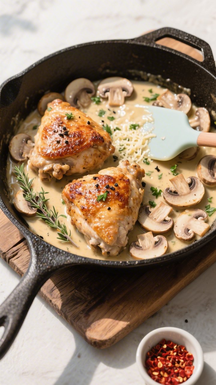 Tasty top-down skillet scene: Overhead shot of the finished one-pan dish—skin-on chicken thighs fi