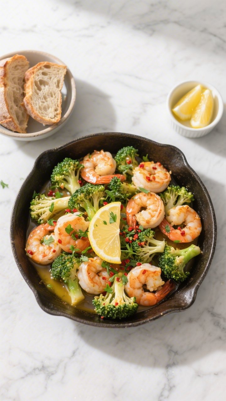 Tasty top view, abundant family-style: Overhead shot of Garlic Butter Shrimp & Broccoli served in a 