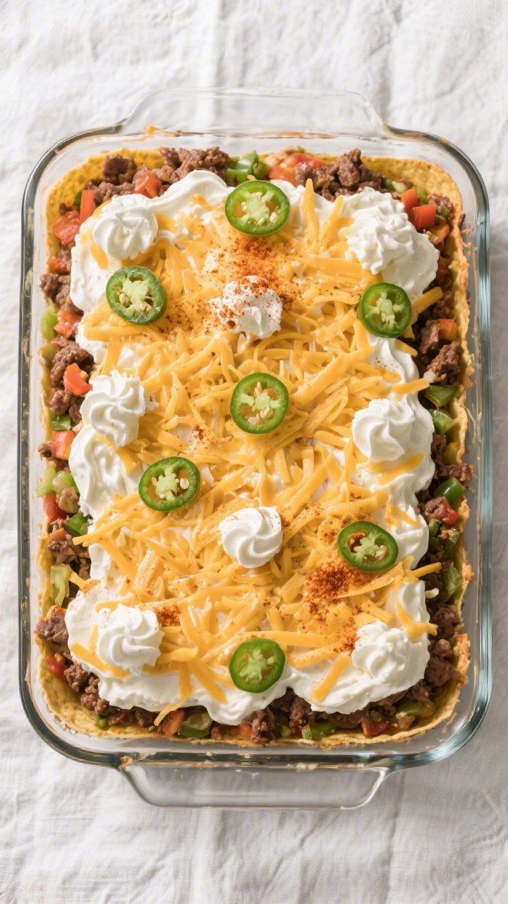 Tasty top view, assembled before baking: Overhead shot of a 9x13 casserole just assembled—beef-and