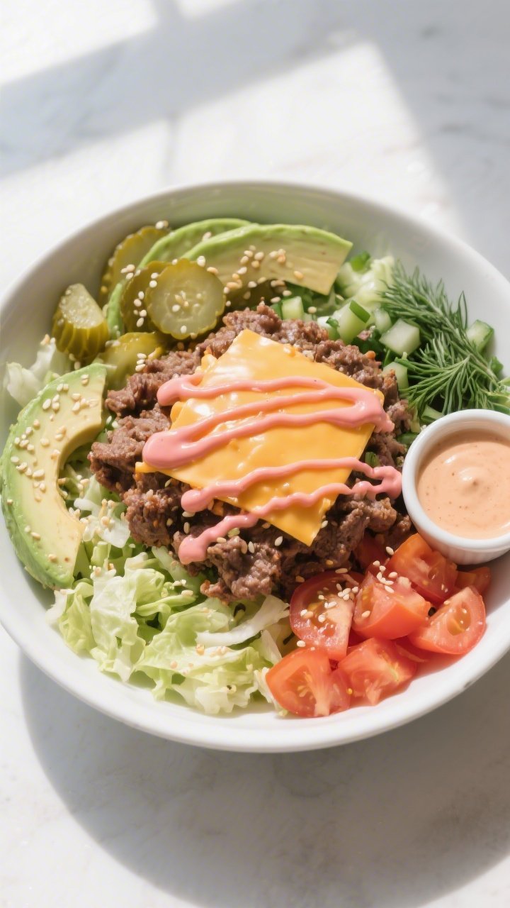 Tasty top view, assembled bowl: Overhead shot of a Keto Big Mac Bowl on a matte white wide bowl—la