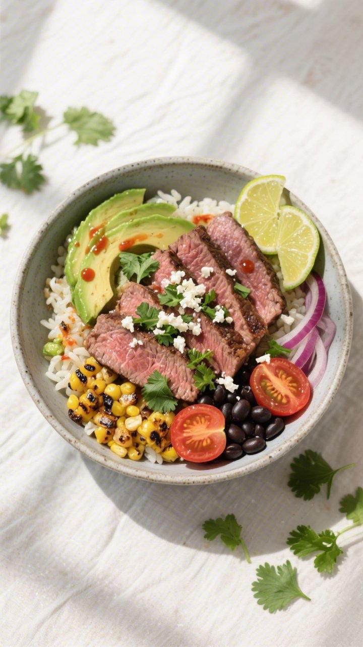 Tasty top view, assembled bowl: Overhead shot of Chili Lime Steak & Avocado Bowl on a matte stonewar