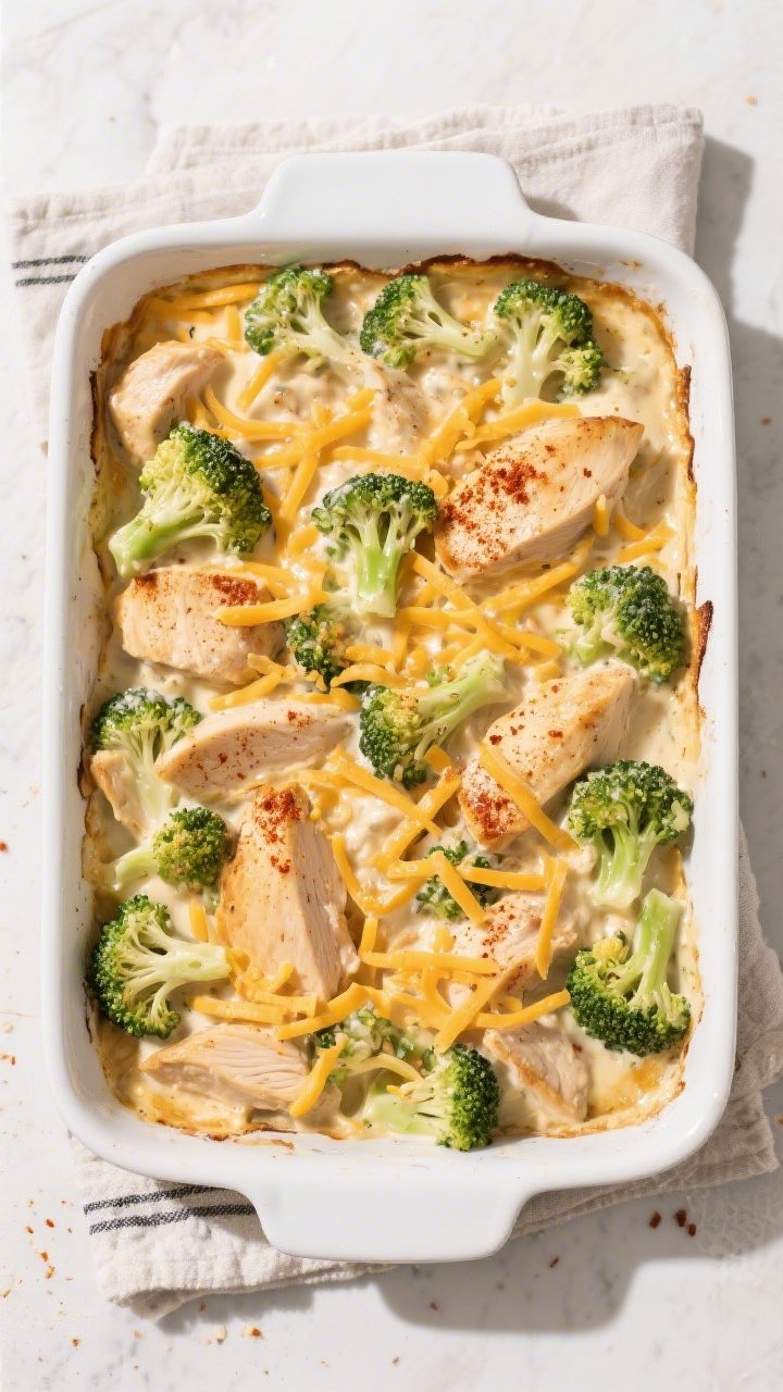 Tasty top view – assembled casserole before baking: Overhead shot of the Cheesy Broccoli Chicken B