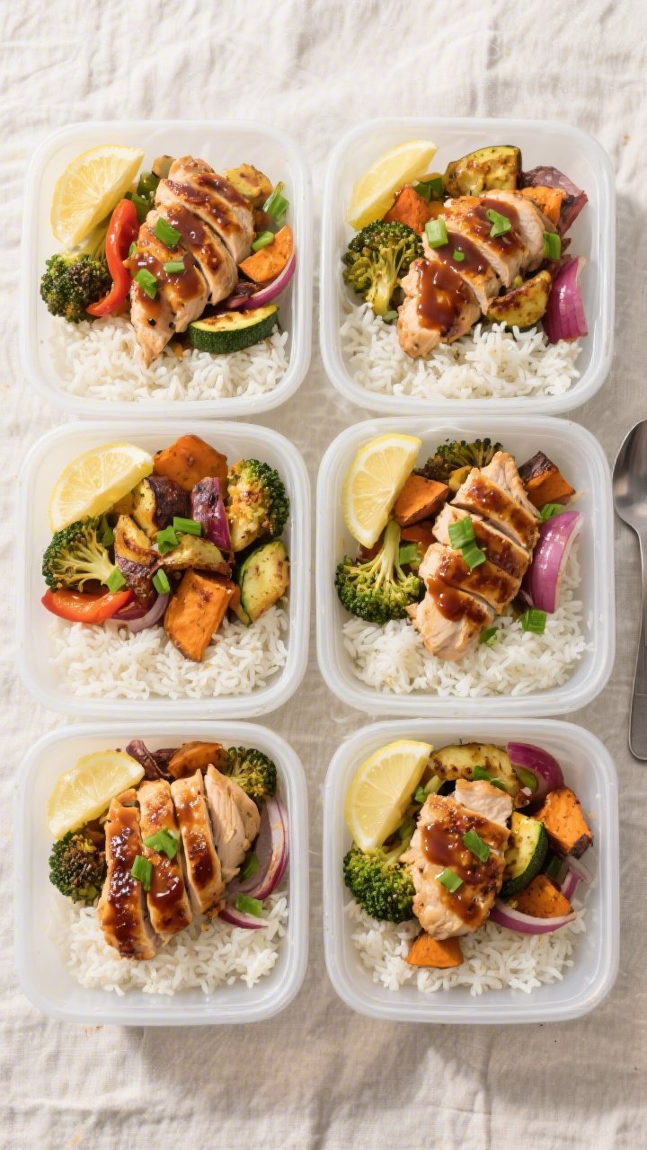 Tasty top view — assembly for meal prep boxes: Overhead shot of four neatly arranged meal prep con