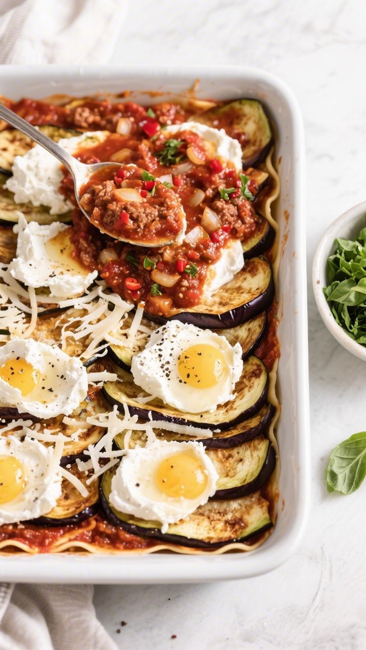Tasty top view, assembly stage: Overhead shot of a 9x13 baking dish mid-assembly for low carb eggpla