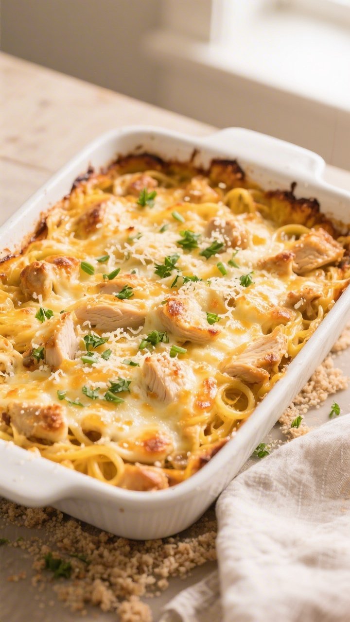 Tasty top view, casserole: Overhead shot of the Keto Cheesy Chicken Spaghetti Squash Bake just out o