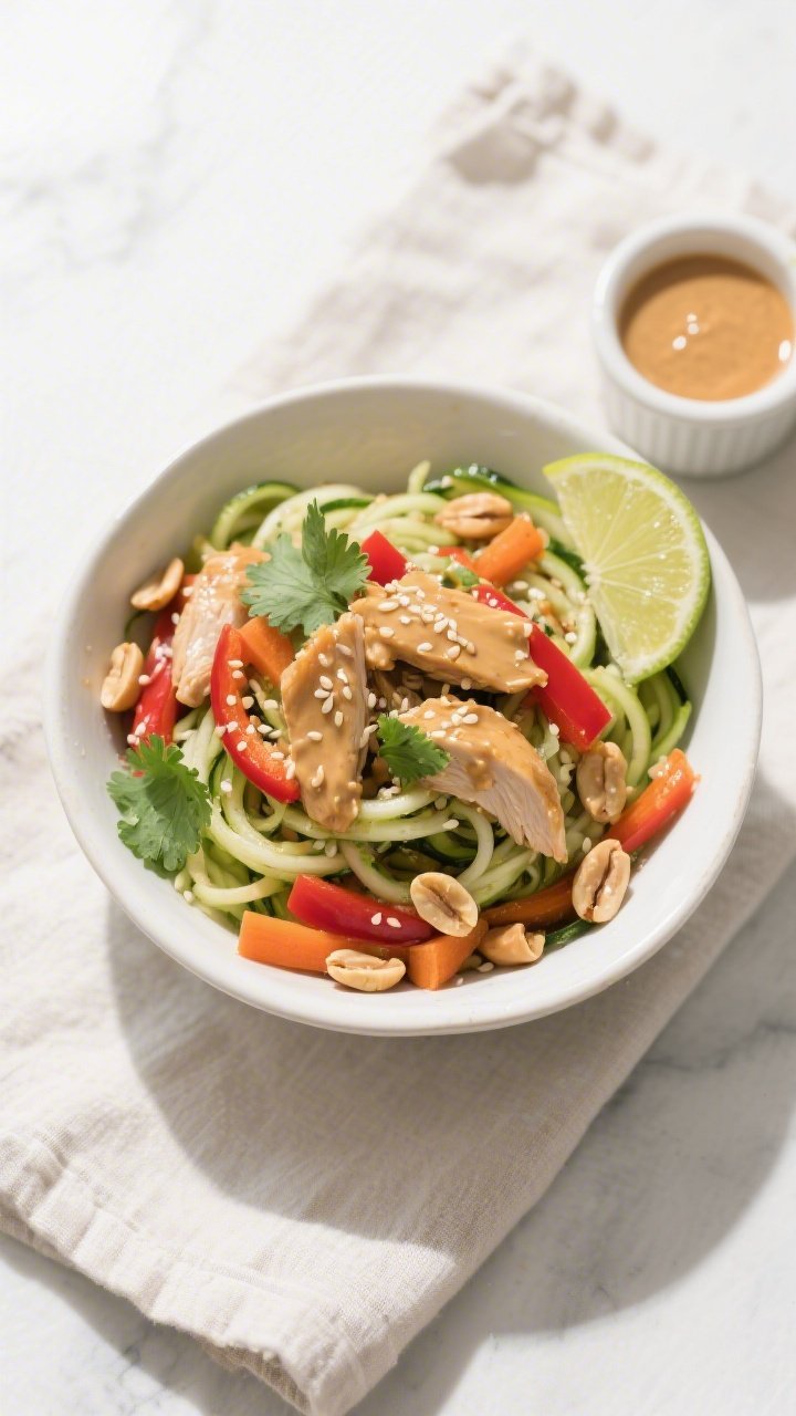 Tasty top view, final bowl: Overhead shot of Thai Peanut Chicken Zoodle Bowls neatly twirled into a 