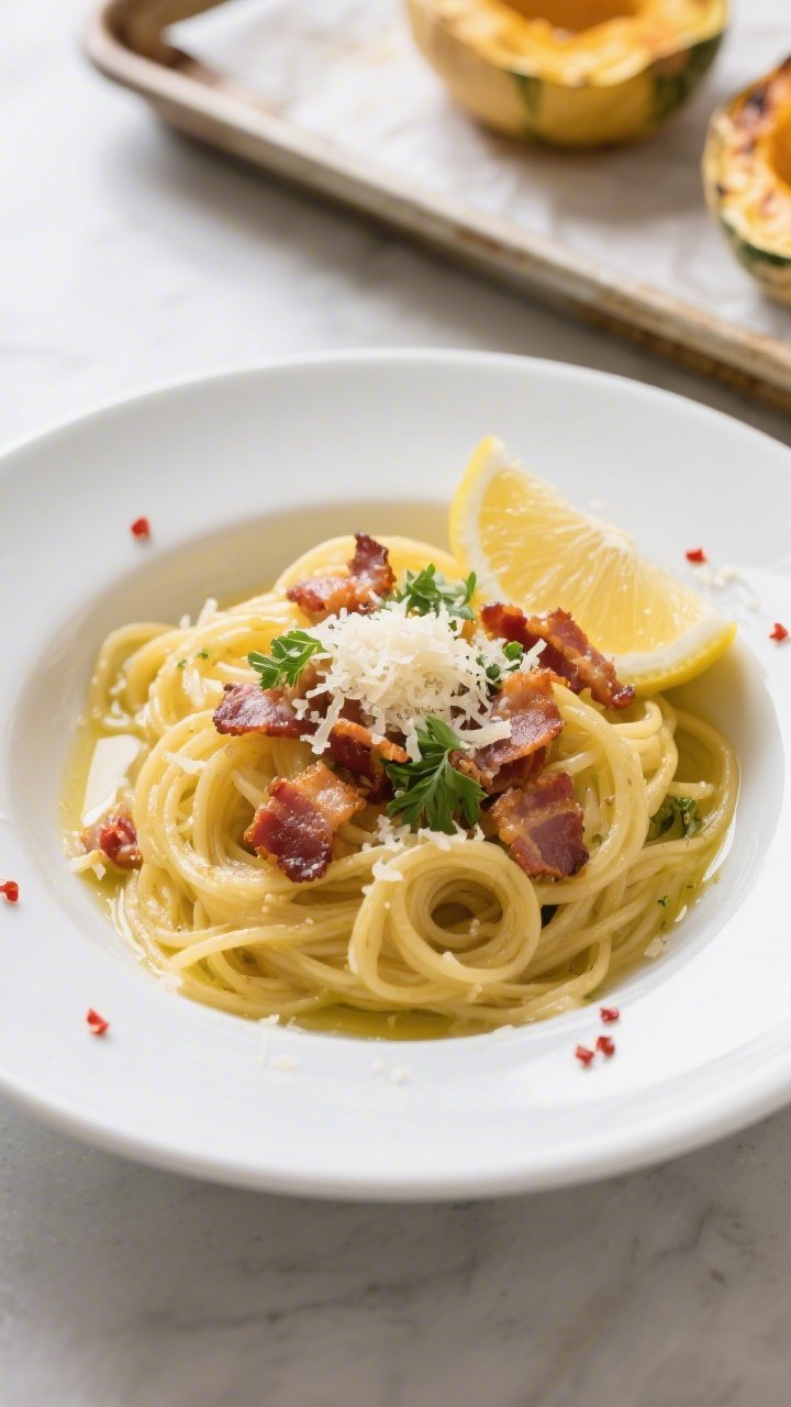 Tasty top view final dish: Overhead shot of Keto Garlic Butter Spaghetti Squash with Crispy Bacon pl