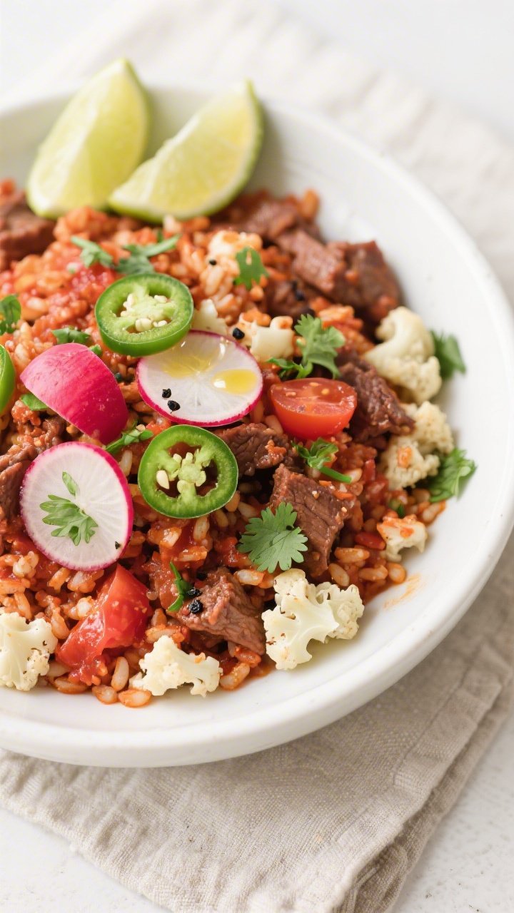 Tasty top view, final mix-in: Overhead shot of Chipotle Beef & Cauliflower Rice fully combined, the 