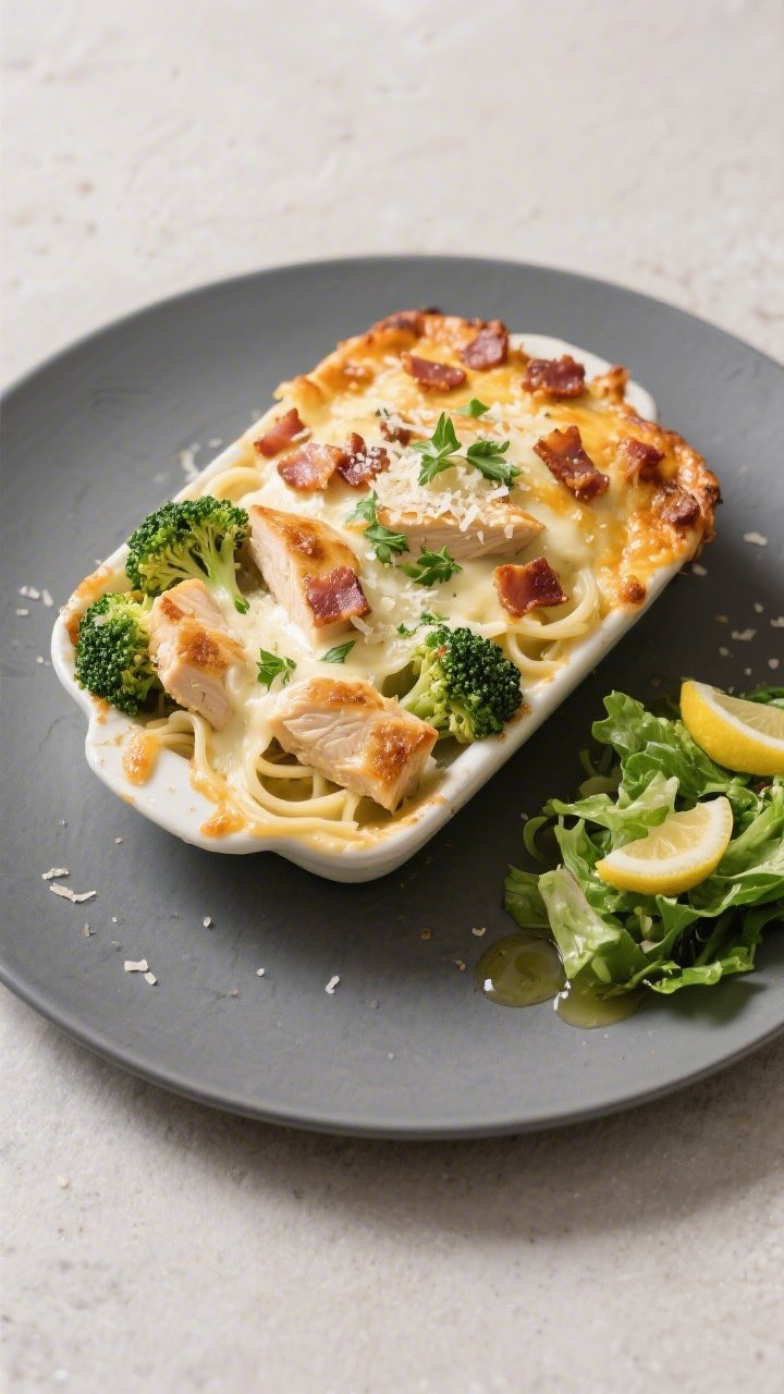 Tasty top view final plate: Overhead shot of a neatly plated portion of Keto Chicken Bacon Alfredo B