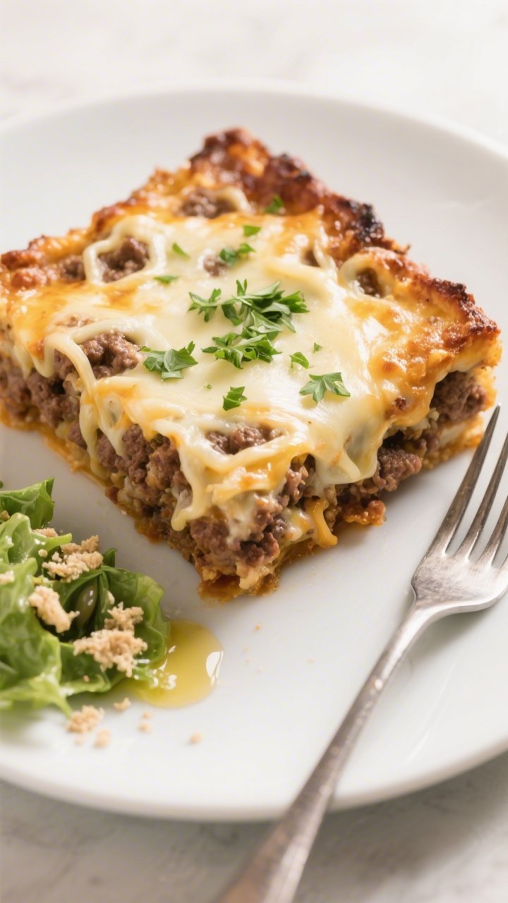 Tasty top view final plate: Overhead shot of a plated square of Keto Philly Style Hamburger Casserol