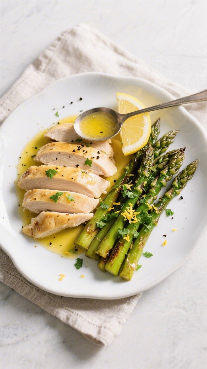 Tasty top view: Final plated Lemon Garlic Chicken & Roasted Asparagus—sliced chicken breast fanned