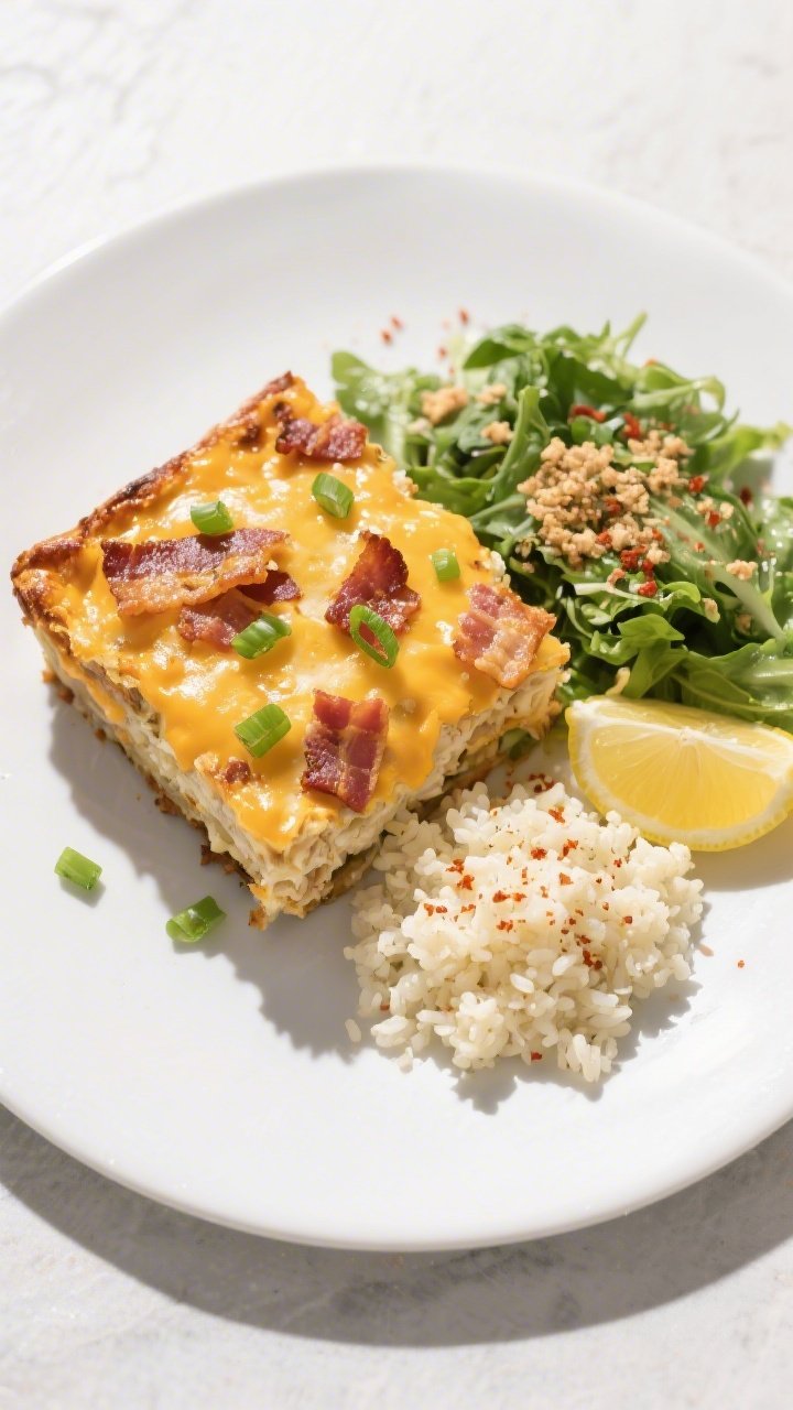 Tasty top view final plating: Overhead shot of a neatly portioned square of Keto Crack Chicken Bake 