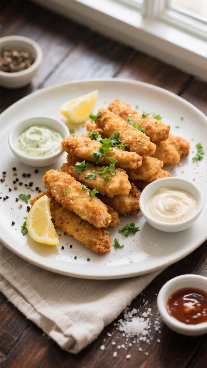 Tasty top view final presentation: Overhead shot of a platter of keto chicken tenders stacked casual