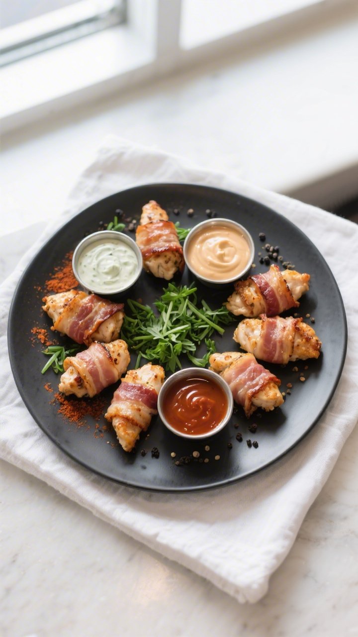Tasty top view final presentation: Overhead shot of a platter of bacon-wrapped chicken bites arrange