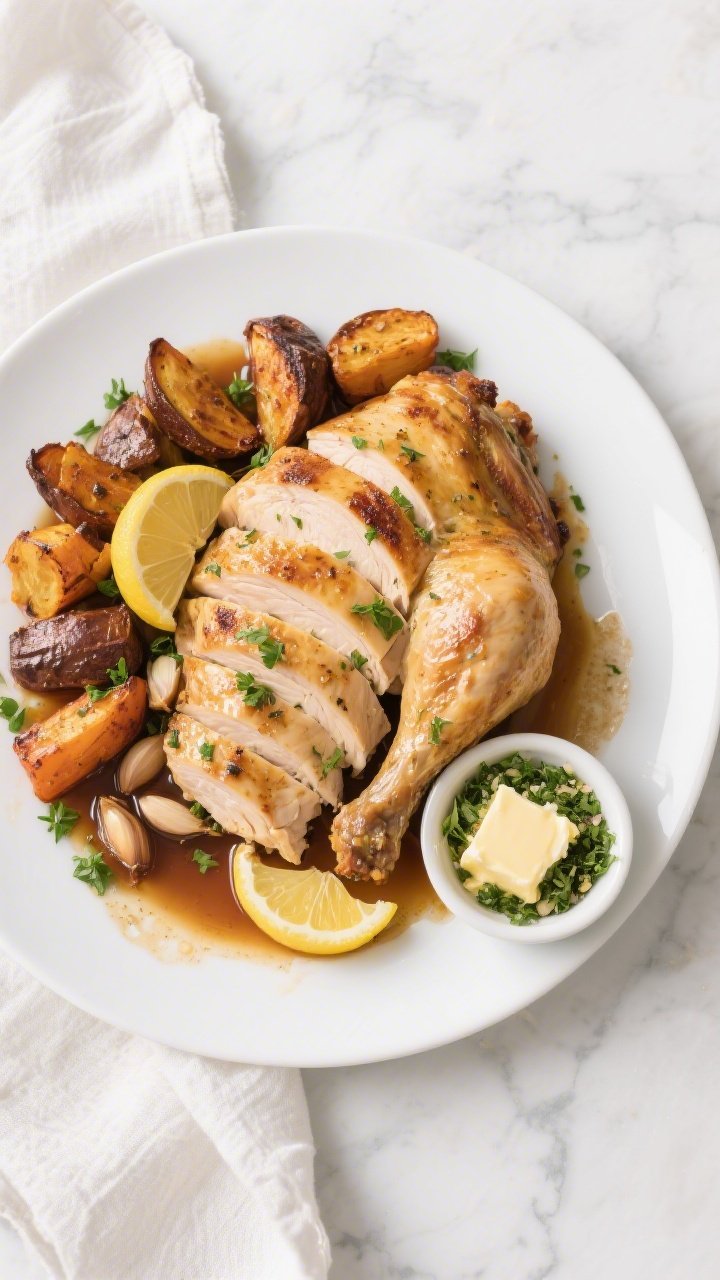 Tasty top-view final presentation: Overhead shot of carved Keto Garlic Herb Roasted Chicken arranged