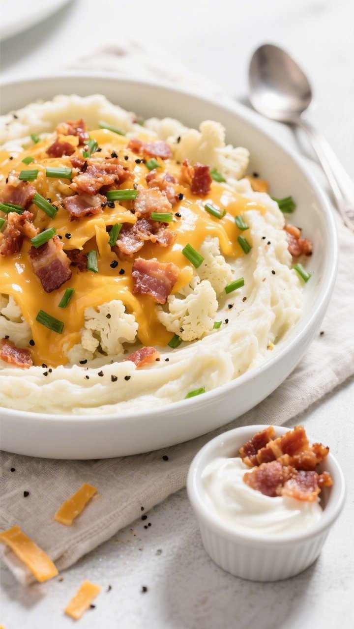 Tasty top view, loaded finish: Overhead shot of Loaded Keto Cauliflower Mash in a wide, shallow whit