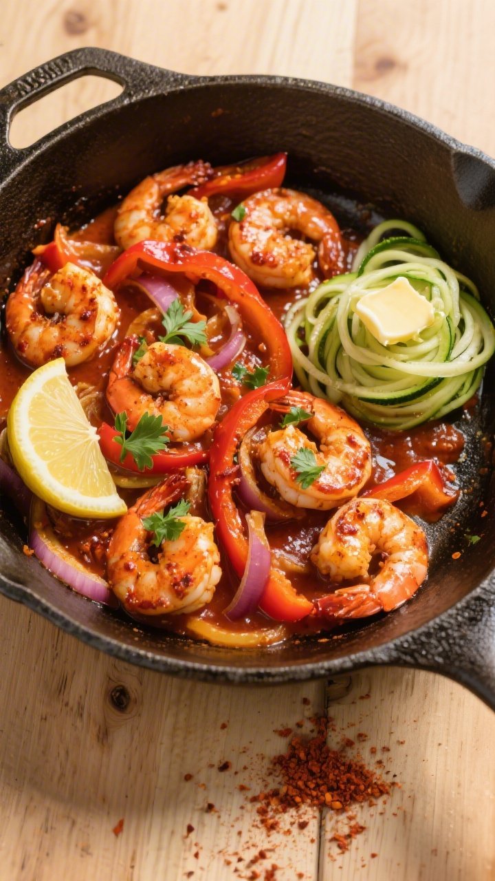 Tasty top view meal-prep angle: Overhead shot of a rustic skillet-style presentation—cooked Cajun