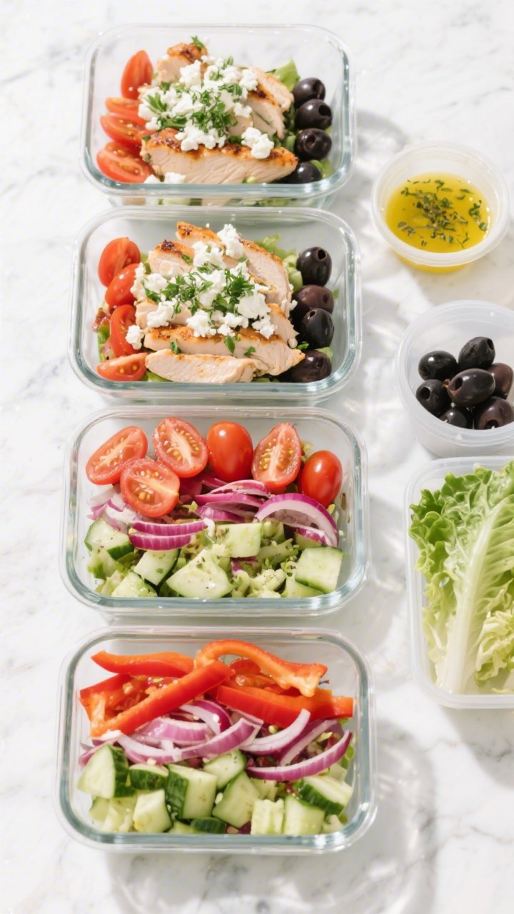 Tasty top view – Meal prep assembly: Overhead shot of four open glass meal-prep containers neatly