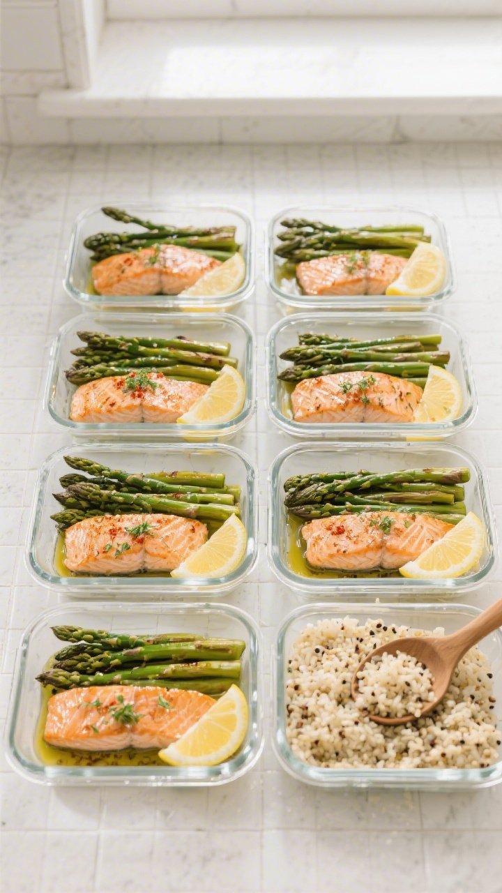 Tasty top view (meal prep): Overhead shot of four glass meal-prep containers neatly portioned with o