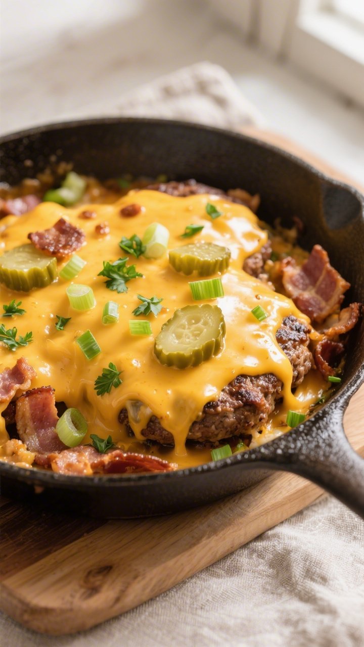 Tasty top view, melty cheese pull: Overhead shot of the finished keto cheesy bacon hamburger skillet