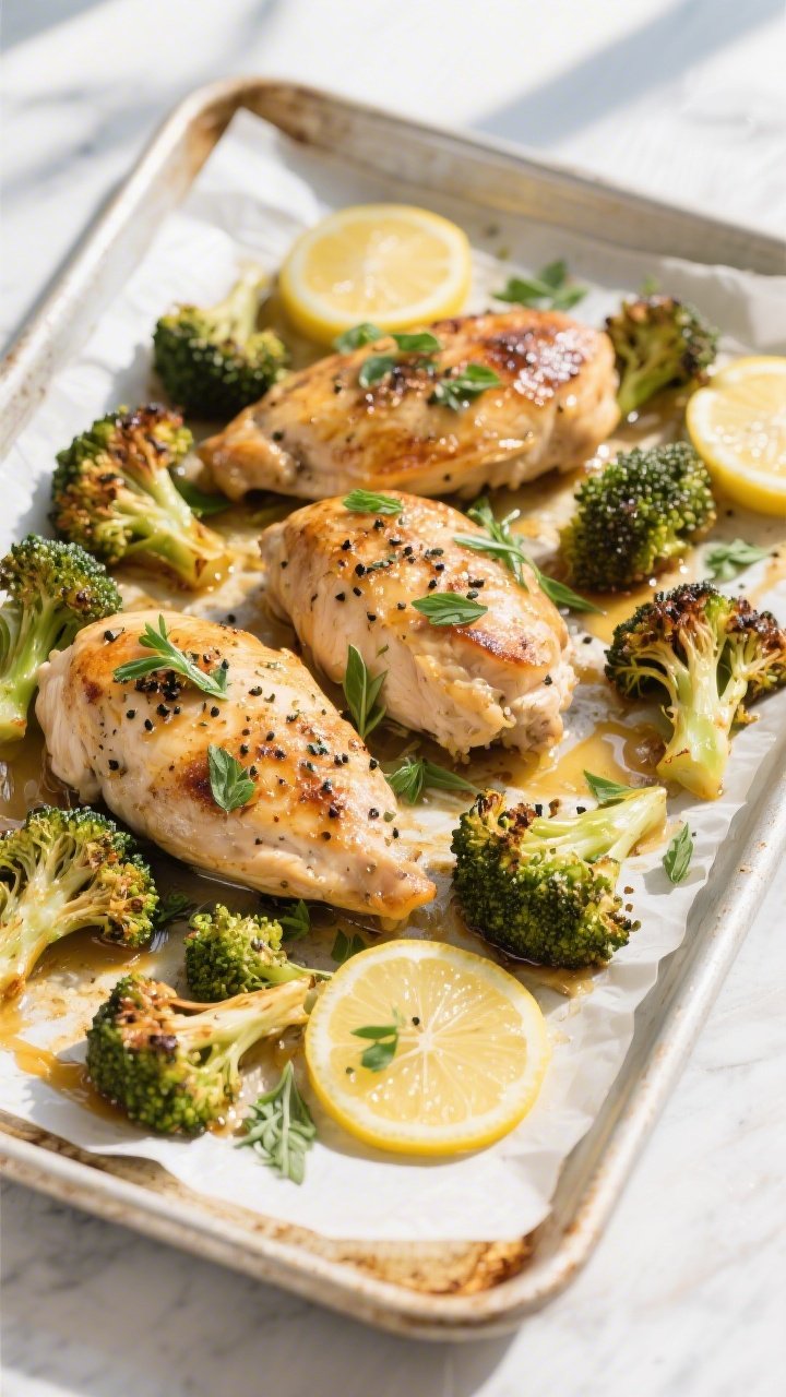 Tasty top view, one-pan presentation: Overhead shot of the completed Lemon Herb Chicken & Roasted Br