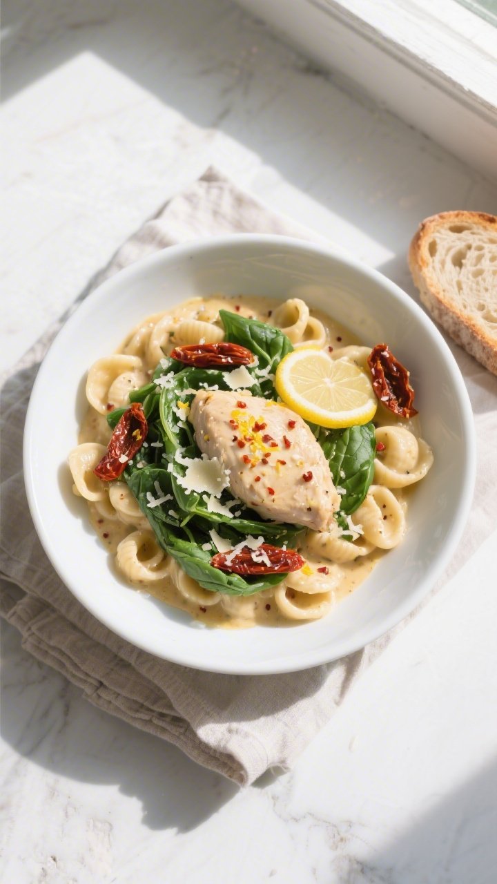 Tasty top view, overhead bowl: Overhead shot of Creamy Tuscan Chicken Spooned over al dente orecchie