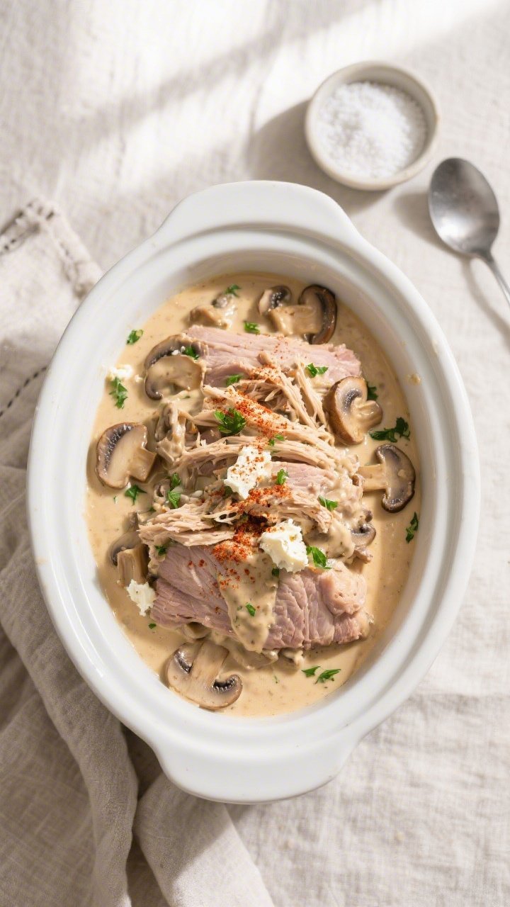 Tasty top view, overhead: Crockpot creamy mushroom pork just finished cooking—shredded pork nestle