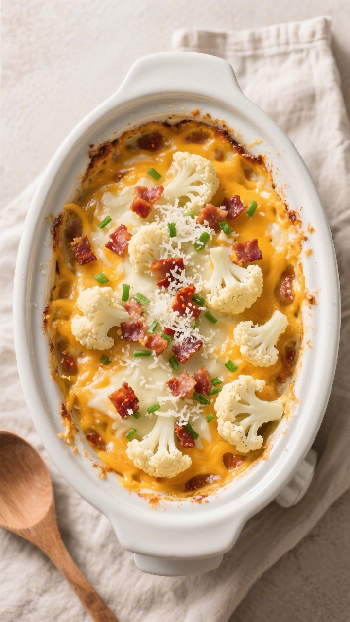 Tasty top view, overhead: Final Keto Crockpot Cheesy Cauliflower Bake in the crock, just finished an