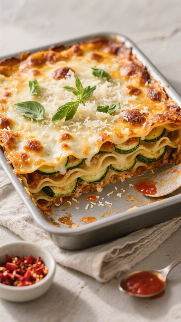 Tasty top view, overhead: Freshly baked Zucchini Lasagna Bake in the pan, cheese bubbling and golden