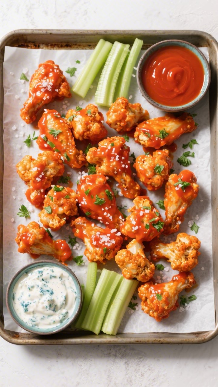Tasty top view: Overhead game-day platter of sauced keto buffalo cauliflower wings arranged on a par