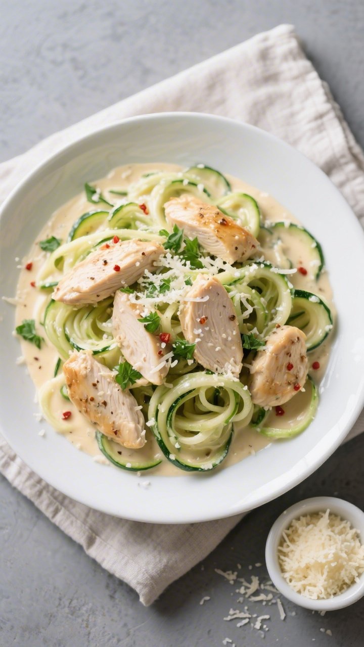 Tasty top view, overhead: Keto Chicken Alfredo Zoodles freshly tossed in the silky Parmesan cream sa
