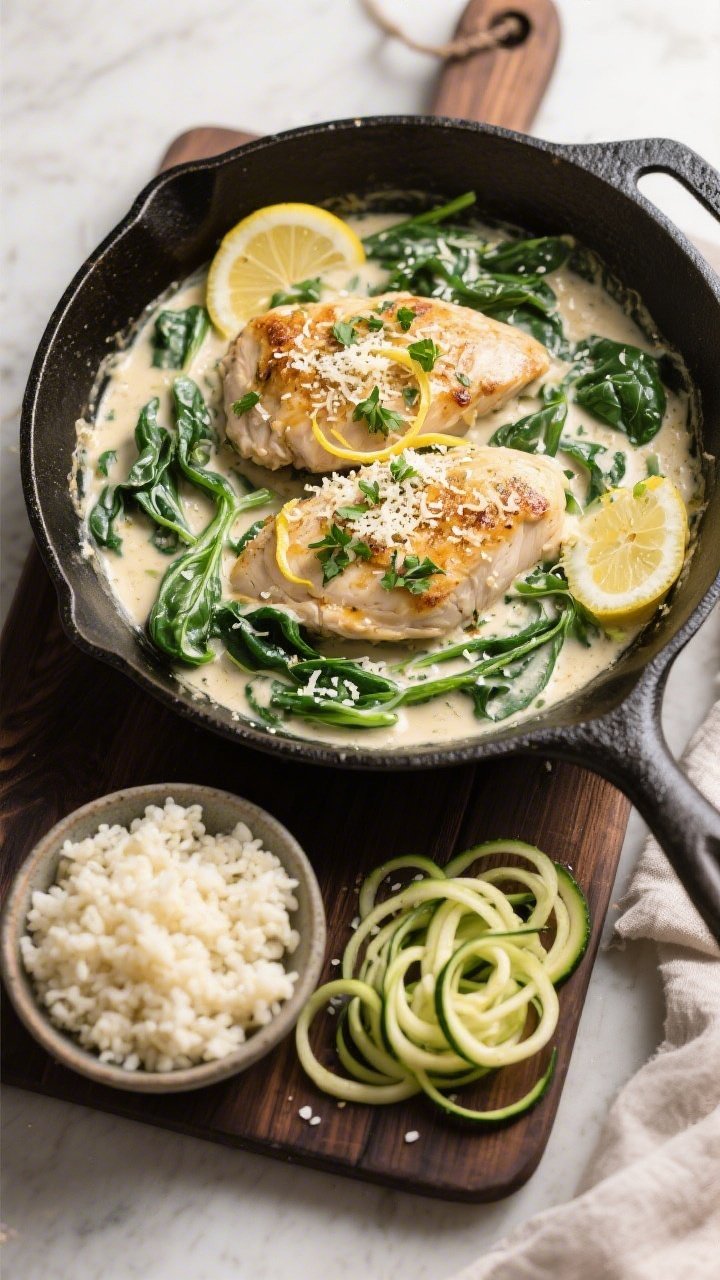 Tasty top view (overhead): Keto Chicken Florentine simmering in one pan, showing tender chicken nest
