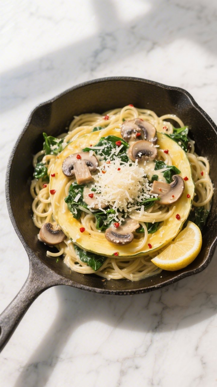 Tasty top view, overhead: Overhead shot of a large skillet filled with the finished creamy spaghetti