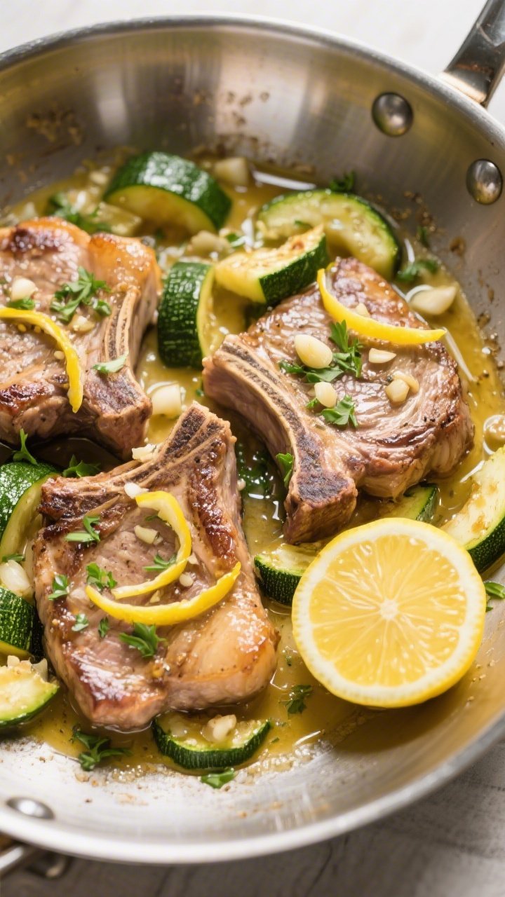 Tasty top view, overhead: Overhead shot of a one-pan finish—pork chops returned to a large stainle