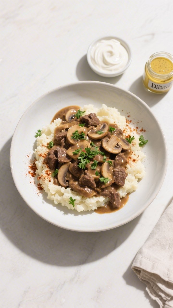 Tasty top view, overhead: Overhead shot of finished keto beef stroganoff ladled over creamy cauliflo