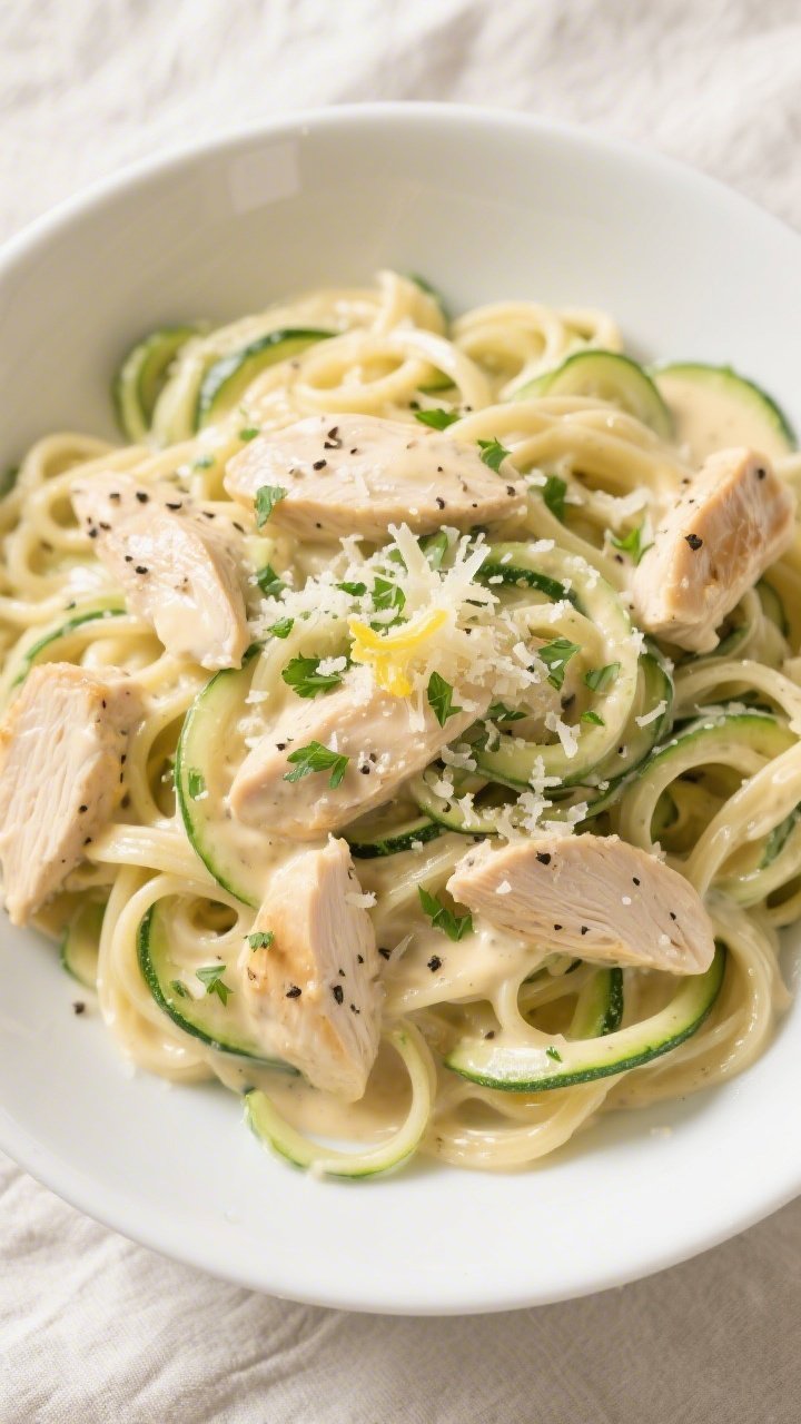 Tasty top view, overhead: Overhead shot of Keto Chicken Alfredo tossed with zucchini noodles, ribbon
