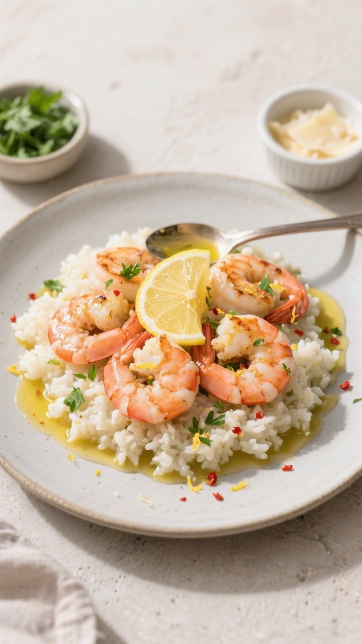 Tasty top-view, overhead: Overhead shot of lemon garlic butter shrimp spooned over cauliflower rice