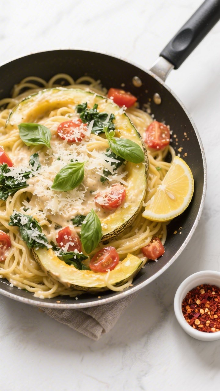 Tasty top-view, overhead shot for variety: Overhead shot of the finished spaghetti squash tossed dir