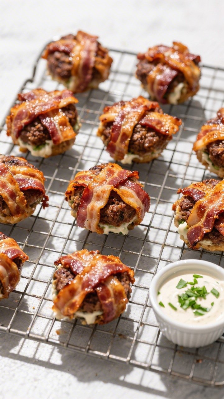 Tasty top view: Overhead shot of 6–8 Keto Bacon Ranch Hamburger Bombs evenly spaced on a wire rack