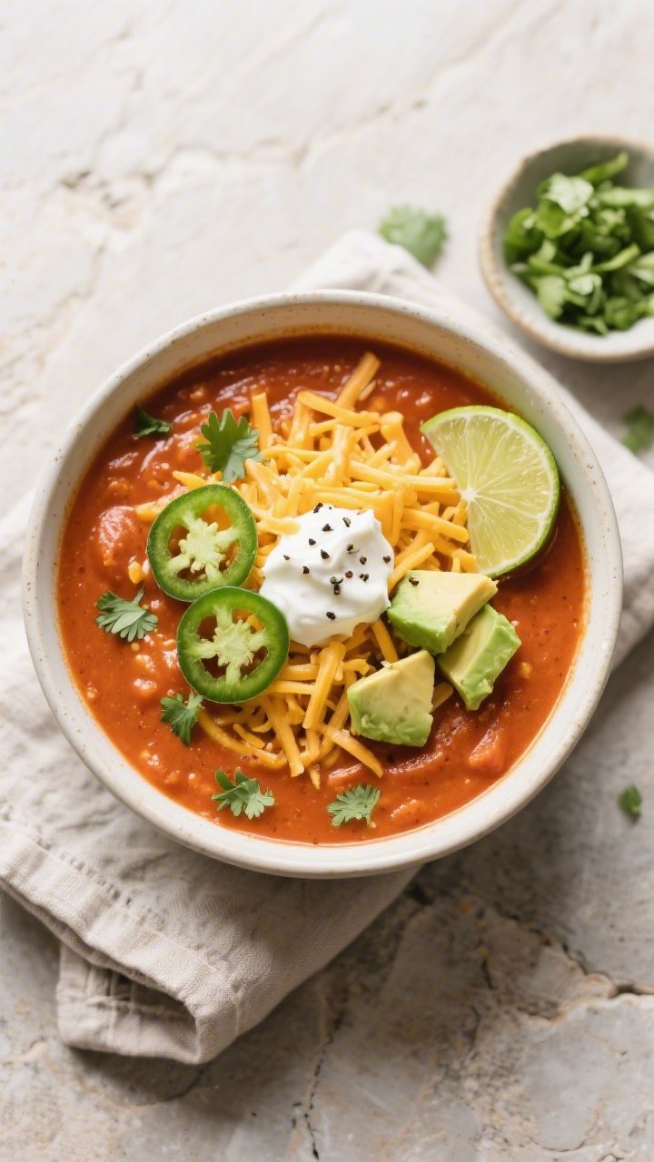 Tasty top view: Overhead shot of a bowl of Keto Cheesy Taco Soup, richly orange-red and ultra creamy
