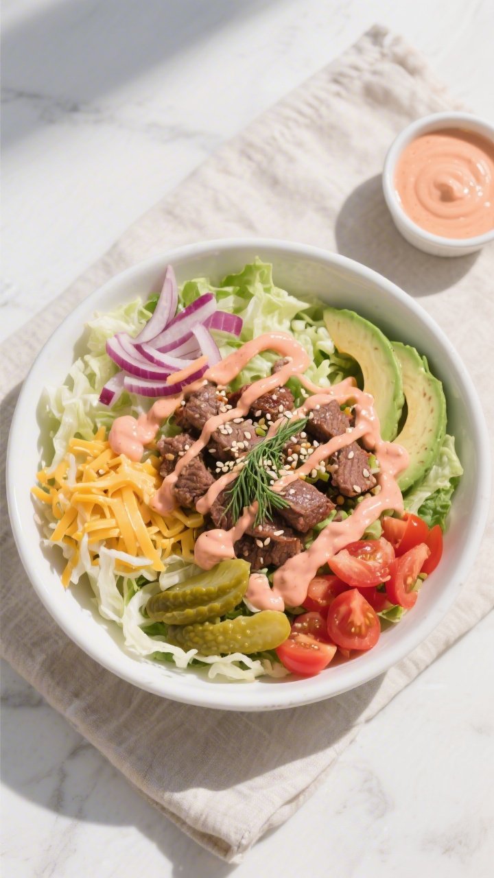 Tasty top view: Overhead shot of a composed Keto Big Mac Salad bowl—shredded iceberg and romaine b