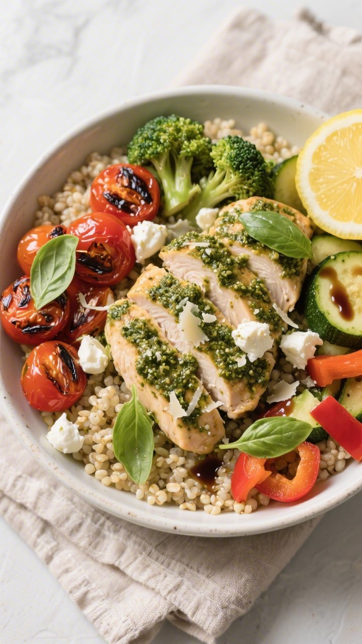 Tasty top view: Overhead shot of a composed Pesto Chicken & Mozzarella Veggie Bowl over fluffy quino